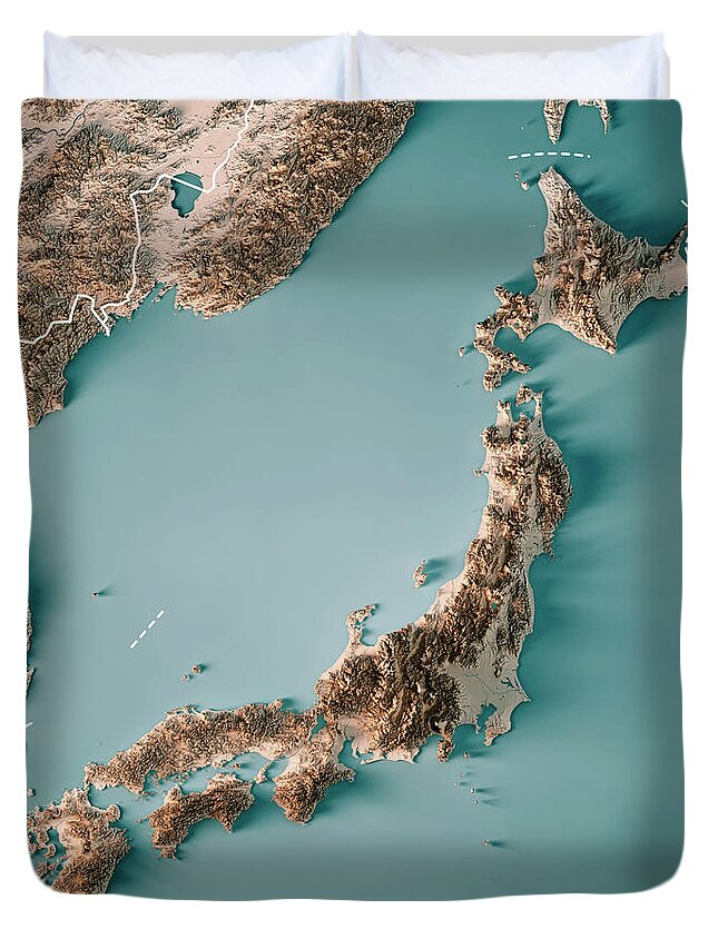 Japan Duvet Cover featuring the digital art Japan 3D Render Topographic Map Neutral Border by Frank Ramspott
