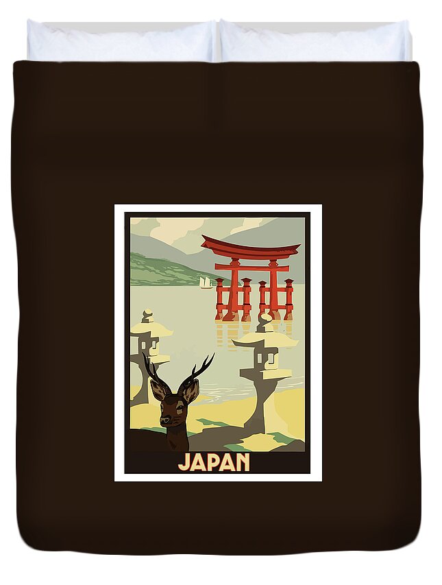 Japan Duvet Cover featuring the painting Japan, landscape, deer, vintage travel poster by Long Shot