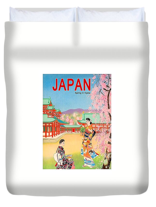 Japan Duvet Cover featuring the painting Japan, spring in Kyoto, vintage travel poster by Long Shot