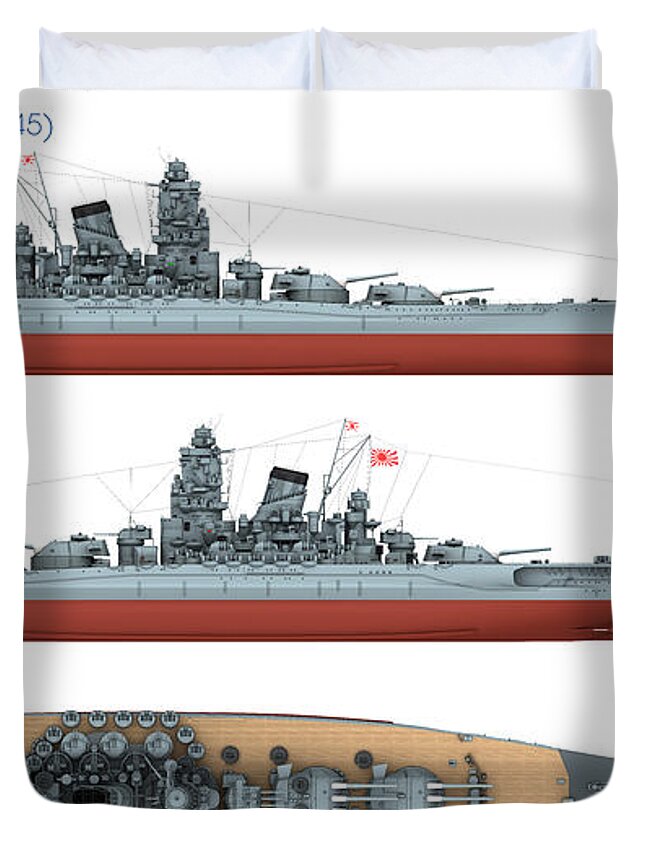 Battleship Duvet Cover featuring the digital art Japanese Battleship Yamato by Carlo Cestra