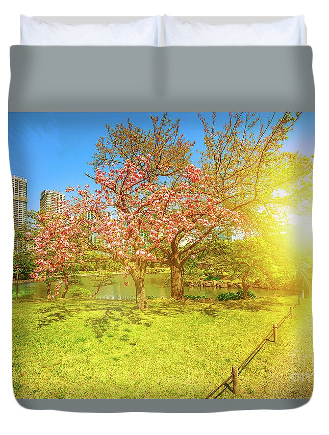 Cherry Blossom Duvet Cover featuring the photograph Japanese garden Cherry blossom by Benny Marty