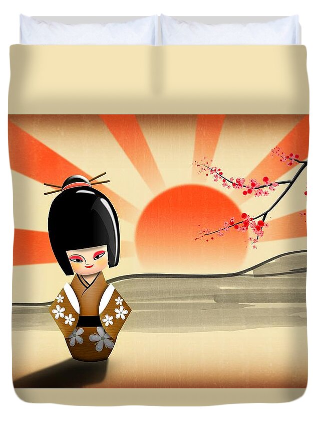 Japan Duvet Cover featuring the digital art Japanese Kokeshi Doll by John Wills