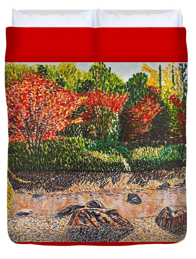 Landscape Duvet Cover featuring the painting Japanese Maple Trees at the Creek by Valerie Ornstein