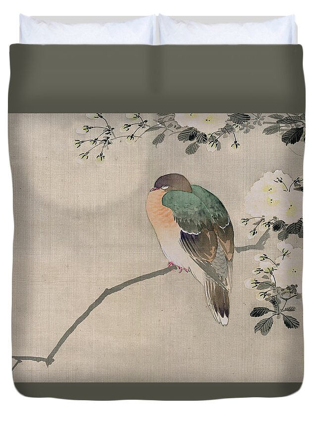 Japan Duvet Cover featuring the painting Japanese Silk Painting of a Wood Pigeon by Japanese School