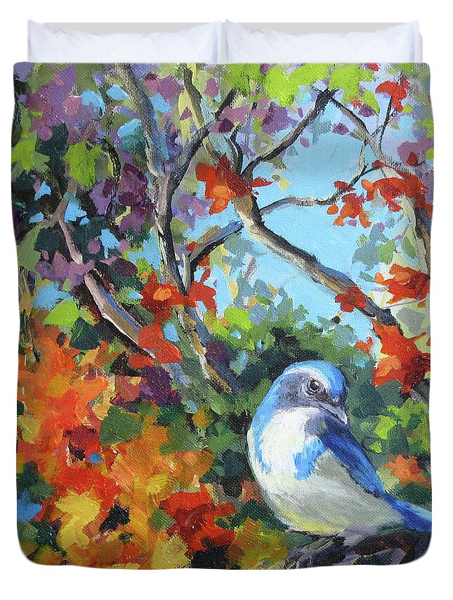 Bird Duvet Cover featuring the painting Jay's World by Karen Ilari