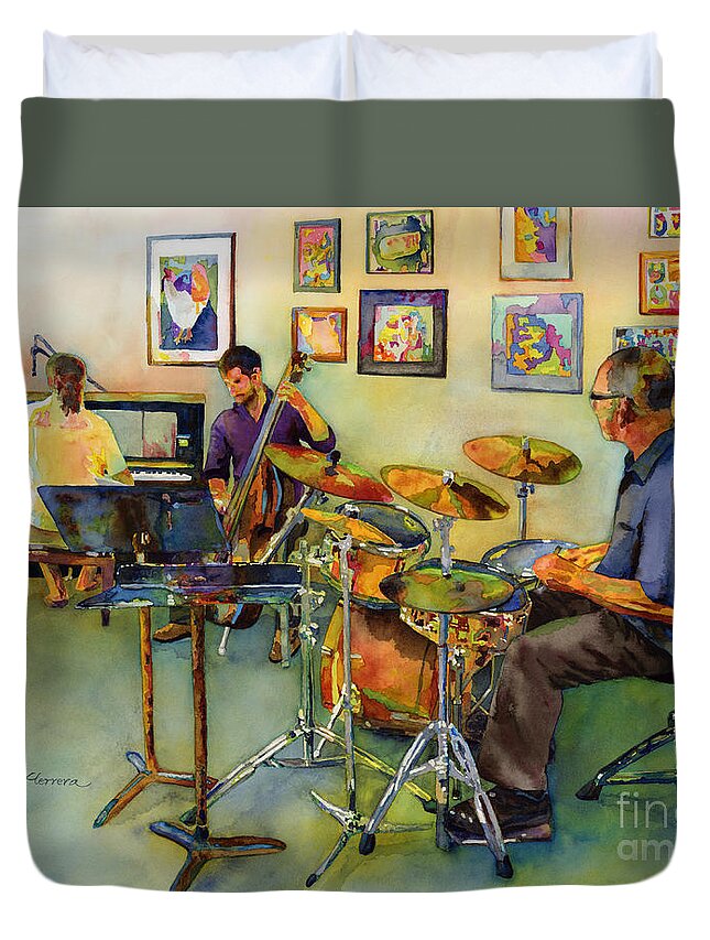Jazz Duvet Cover featuring the painting Jazz at the Gallery by Hailey E Herrera