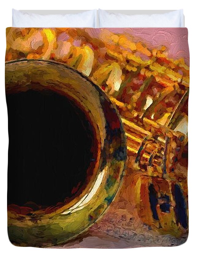 Jazz Saxophone #louis Ferreira Art # Saxophone Paintings # Saxophone Canvas Prints #a Painting Of A Jazz Sax. Duvet Cover featuring the painting Jazz Saxophone by Louis Ferreira