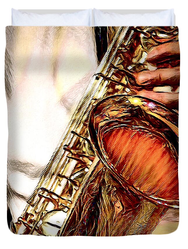 Jazz Duvet Cover featuring the digital art Jazzy Sax by Pennie McCracken