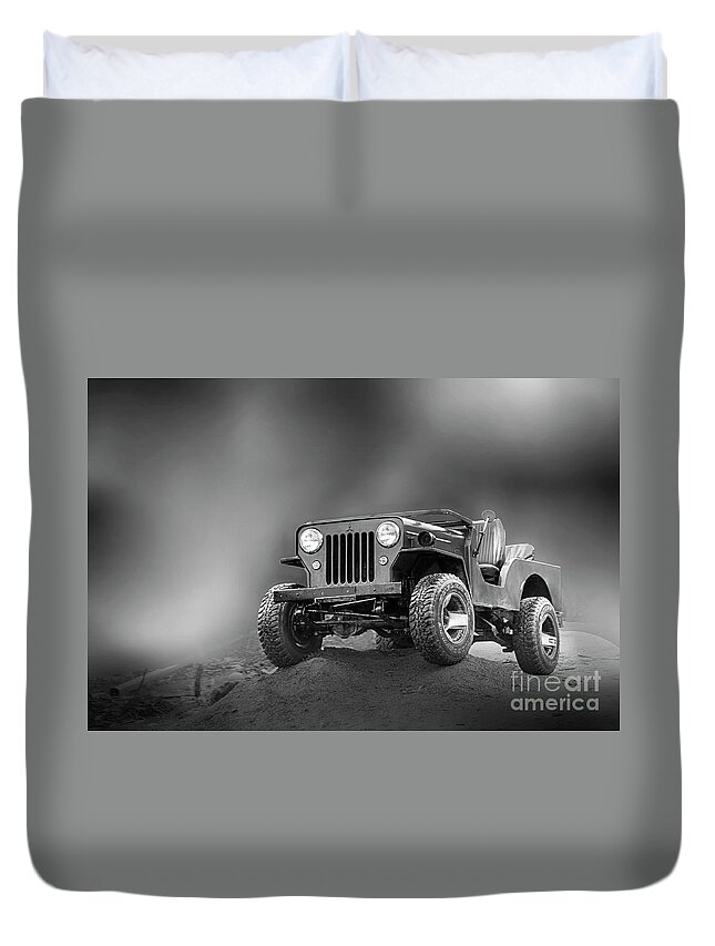 Vehicle Duvet Cover featuring the photograph Jeep BW by Charuhas Images