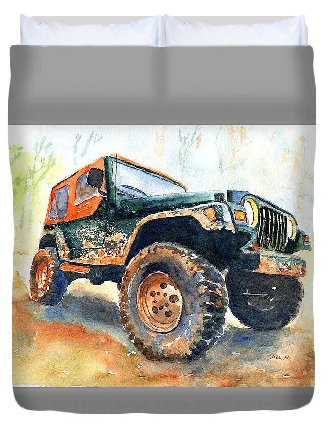Jeep Duvet Cover featuring the painting Jeep Wrangler Watercolor by Carlin Blahnik CarlinArtWatercolor