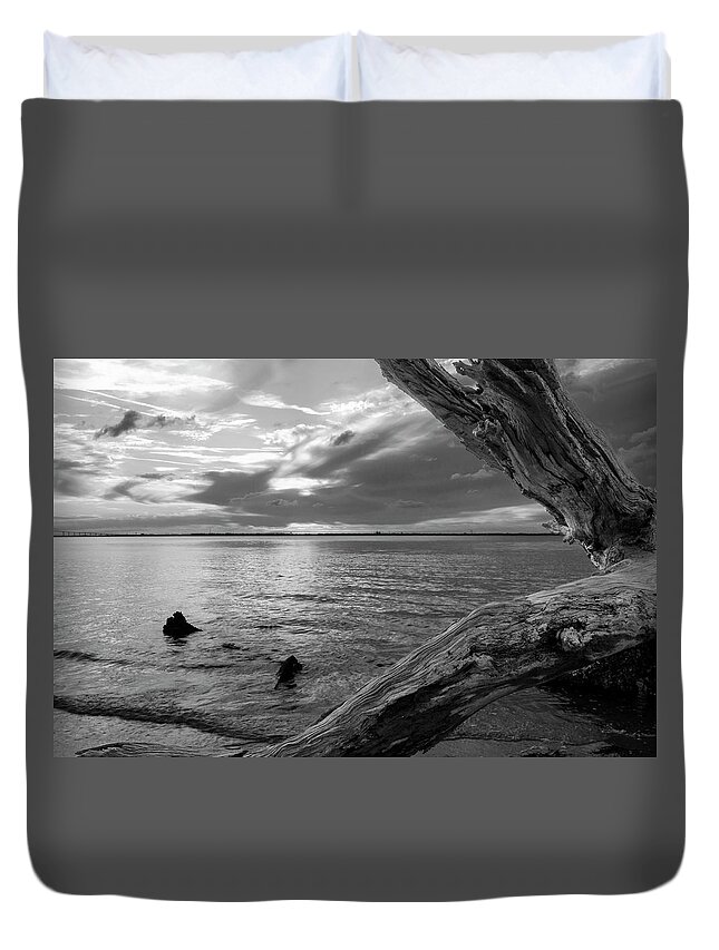 Jekyll Island Duvet Cover featuring the photograph Jekyll Driftwood At Sunset In Black and White by Greg and Chrystal Mimbs