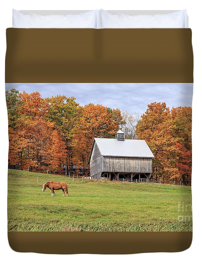 Horse Duvet Cover featuring the photograph Jericho Hill Vermont Horse Barn Fall Foliage by Edward Fielding