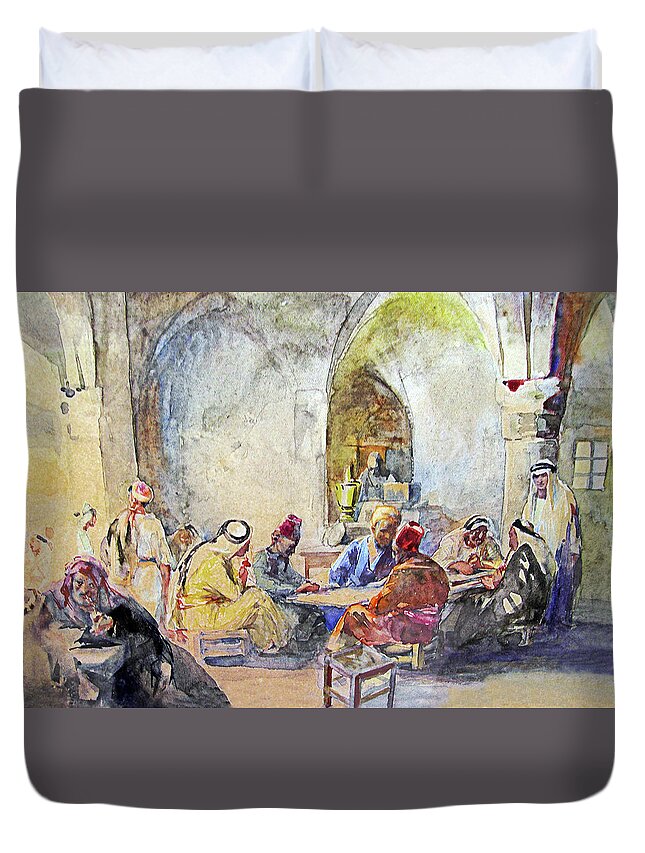 German Duvet Cover featuring the painting Jerusalem Cafe by Munir Alawi