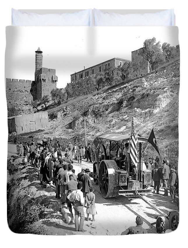Streamroller Duvet Cover featuring the photograph Jerusalem Streamroller 1911 by Munir Alawi