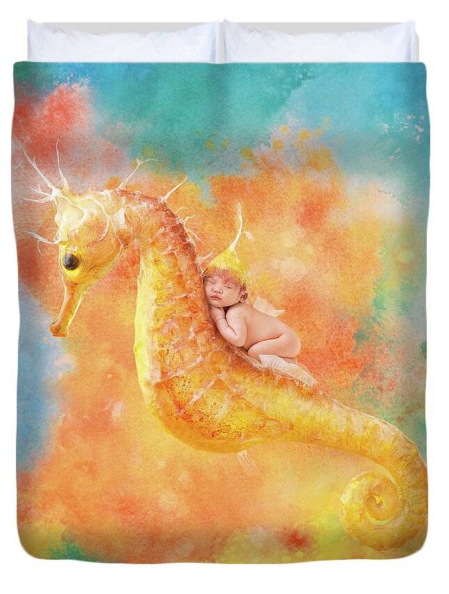 Under The Sea Duvet Cover featuring the photograph Jessabella riding a Seahorse by Anne Geddes