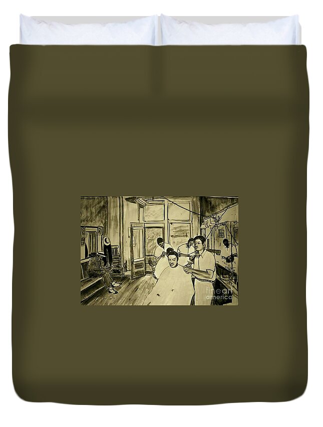 Barber Shop Hair Duvet Cover featuring the painting Jesse's Paradise Barbershop by Tyrone Hart