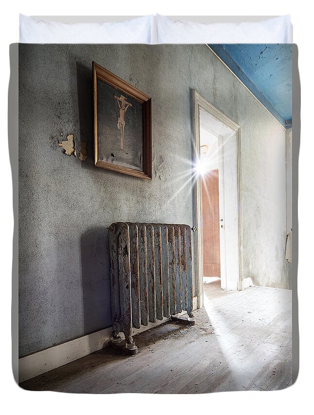 Abandoned Duvet Cover featuring the photograph Jesus above the heater - abandoned building by Dirk Ercken