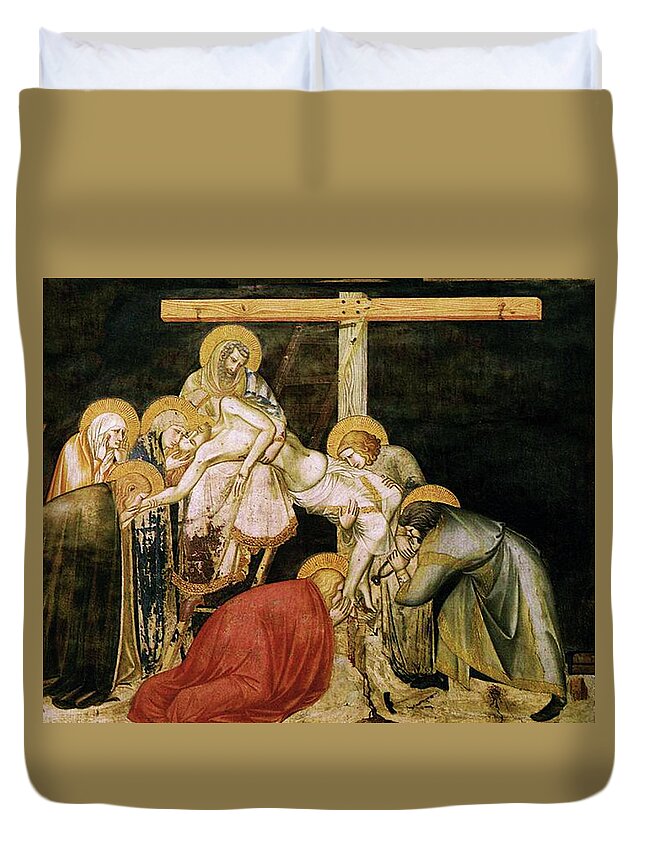 Jesus Duvet Cover featuring the mixed media Jesus Christ Passion Deposition Detail by Pietro Lorenzetti