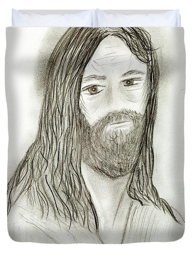 Jesus Duvet Cover featuring the drawing Jesus I by Sonya Chalmers