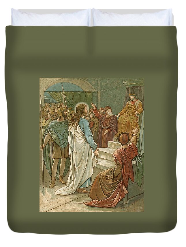 Bible; Jesus Christ; Pontius Pilate; Trial; Soldiers; Romans Duvet Cover featuring the painting Jesus in front of Pilate by John Lawson