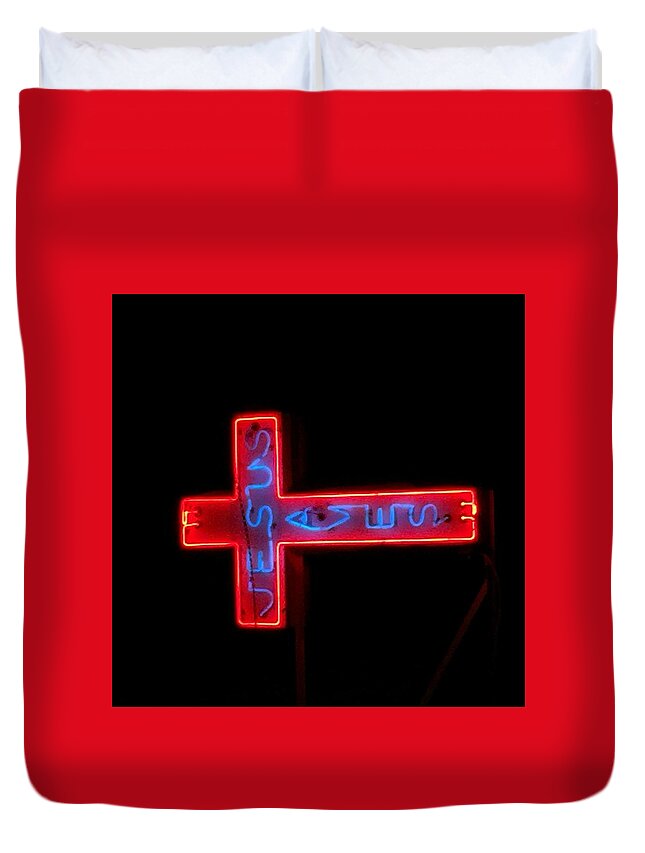 Neon Duvet Cover featuring the photograph Jesus Saves at Night by Tom Wurl