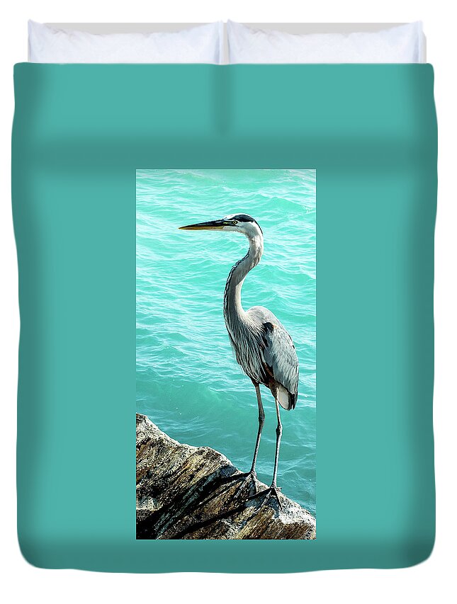 Great Blue Heron Duvet Cover featuring the photograph Jetty Blue by Norman Johnson