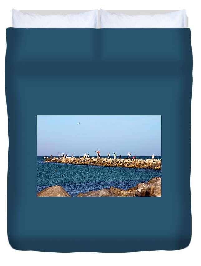 Many People Fishing Duvet Cover featuring the photograph Jetty Fishing by Sally Weigand