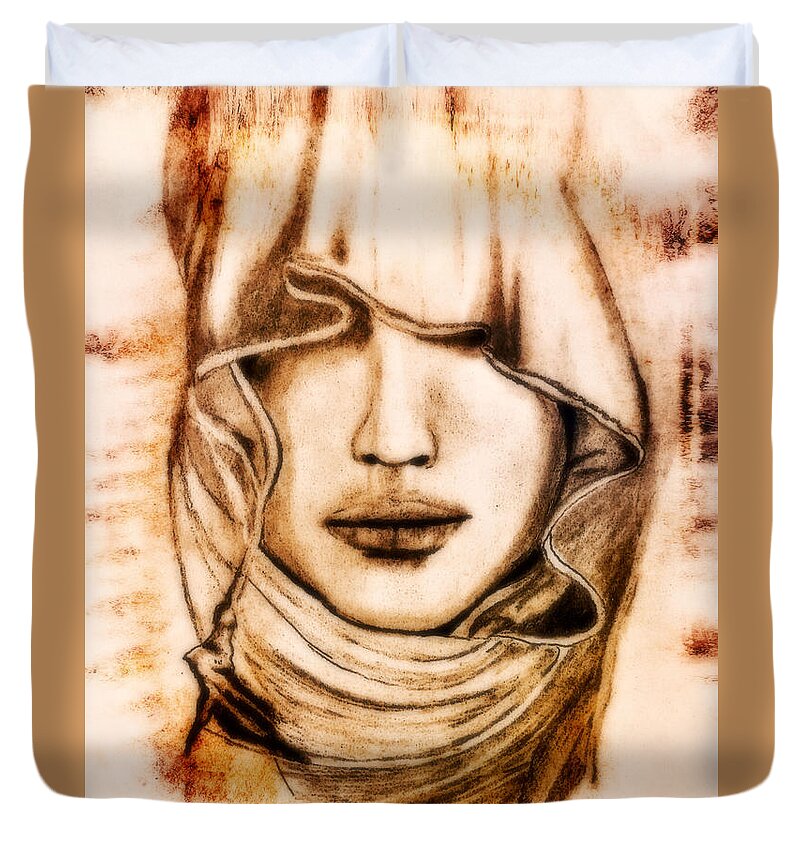 Hood Duvet Cover featuring the drawing JFX2016-Drawing-8 by Emilio Arostegui