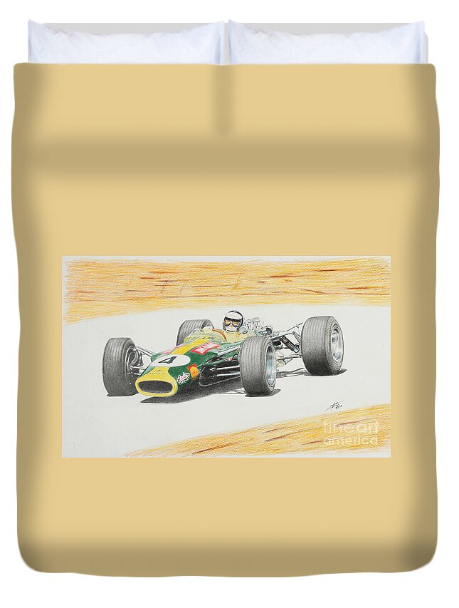 Lotus 49 Duvet Cover featuring the drawing Jim Clark last GP - Lotus 49 by Lorenzo Benetton