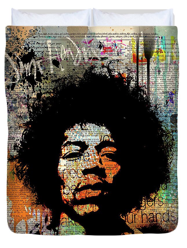 Jimi Duvet Cover featuring the painting Jimi on dictionary page by Art Popop