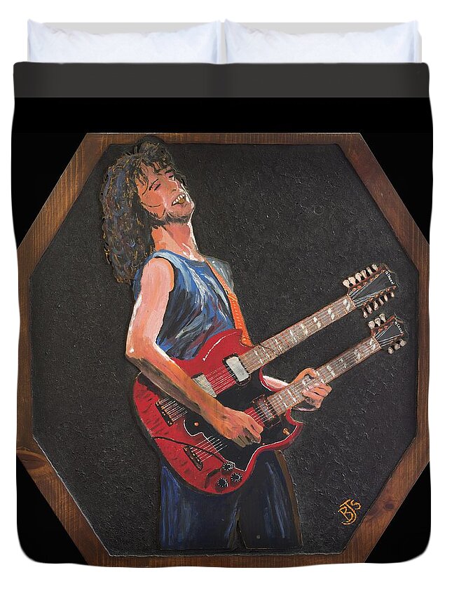 Wood Work Duvet Cover featuring the painting Jimmy Page and his Double Neck Guitar by Bruce Schmalfuss