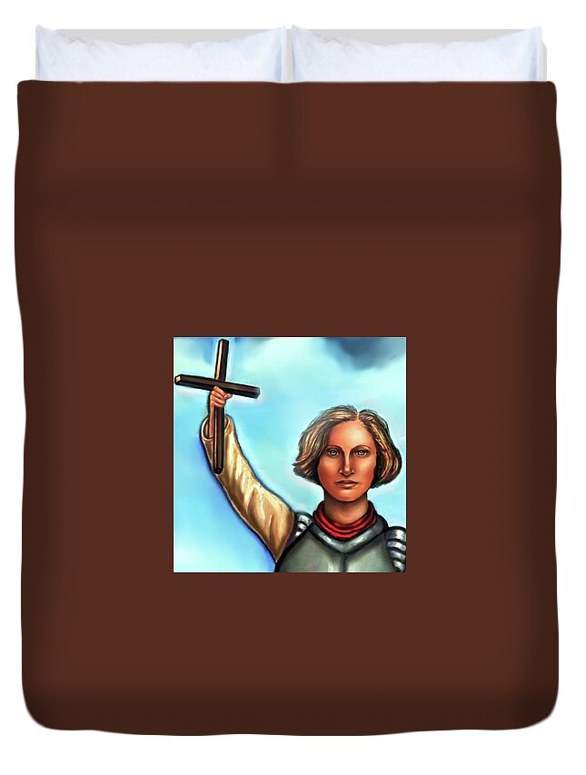 Joan Of Arc Duvet Cover featuring the painting Joan of arc with Cross by Carmen Cordova