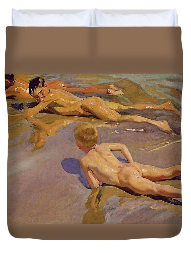 Children On The Beach Duvet Cover featuring the painting Children on the Beach by Joaquin Sorolla