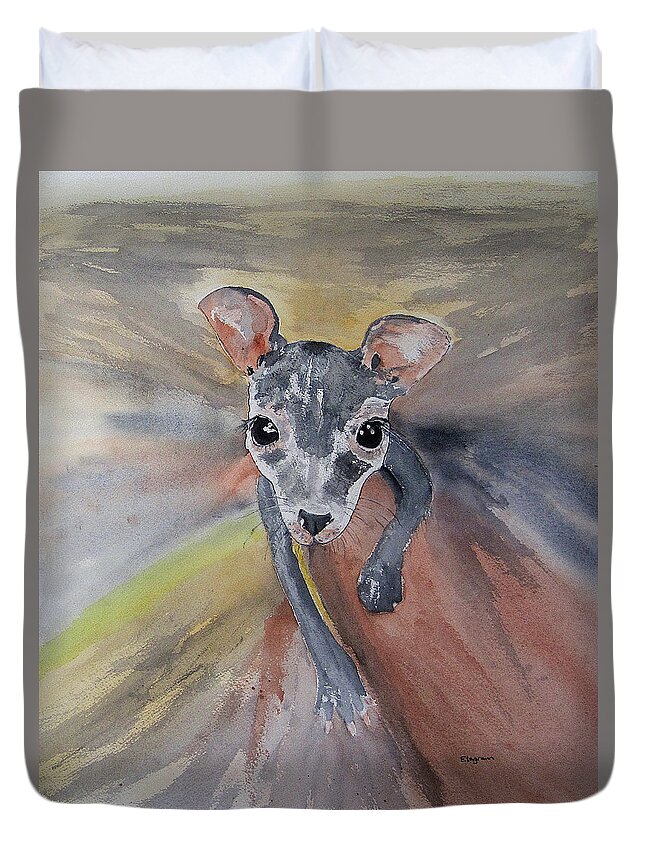 Animal Duvet Cover featuring the painting Joey in mums pouch by Elvira Ingram