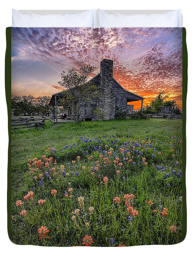 Independence Duvet Cover featuring the photograph John P Coles Cabin and Spring Wildflowers at Independence - Old Baylor Park Brenham Texas by Silvio Ligutti