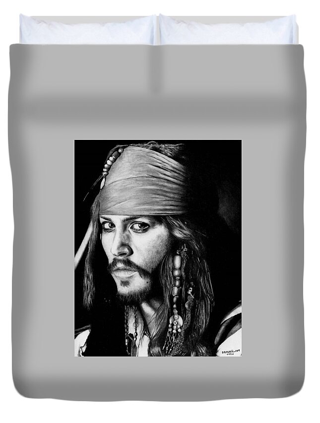 Johnny Depp Duvet Cover featuring the drawing Johnny Depp as Jack Sparrow by Rick Fortson