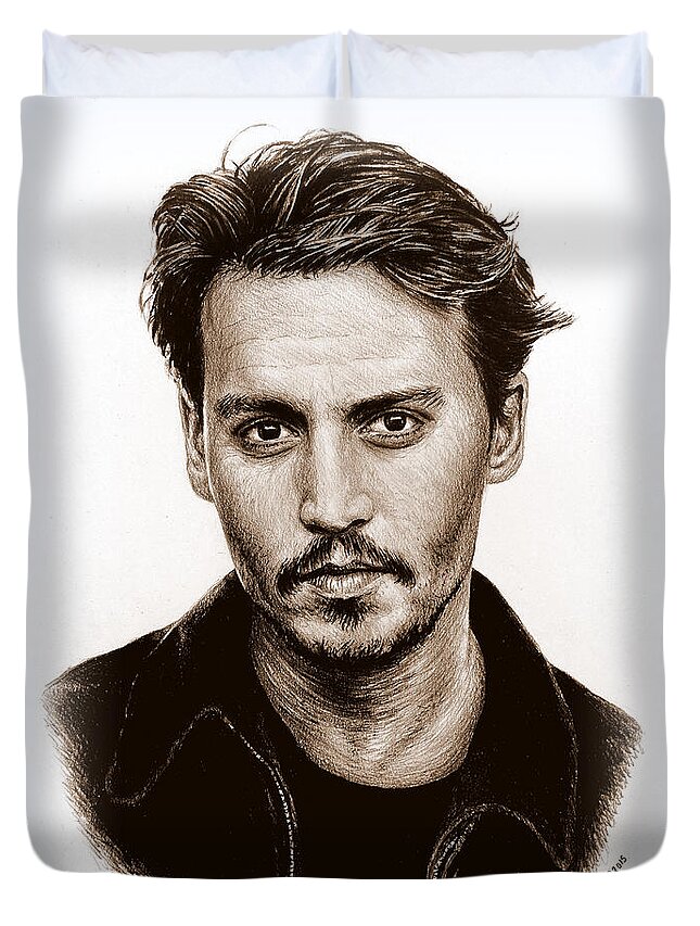 Johnny Depp Paintings Duvet Cover featuring the drawing Johnny Depp sepia by Andrew Read