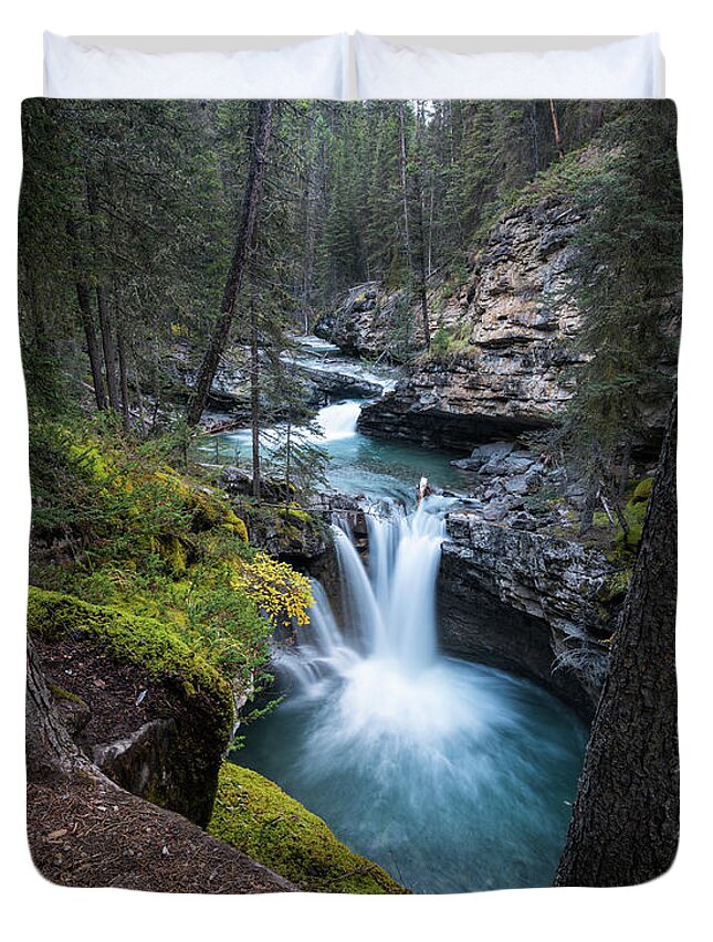 Johnston Canyon Duvet Cover featuring the photograph Johnston Canyon Waterfall by James Udall