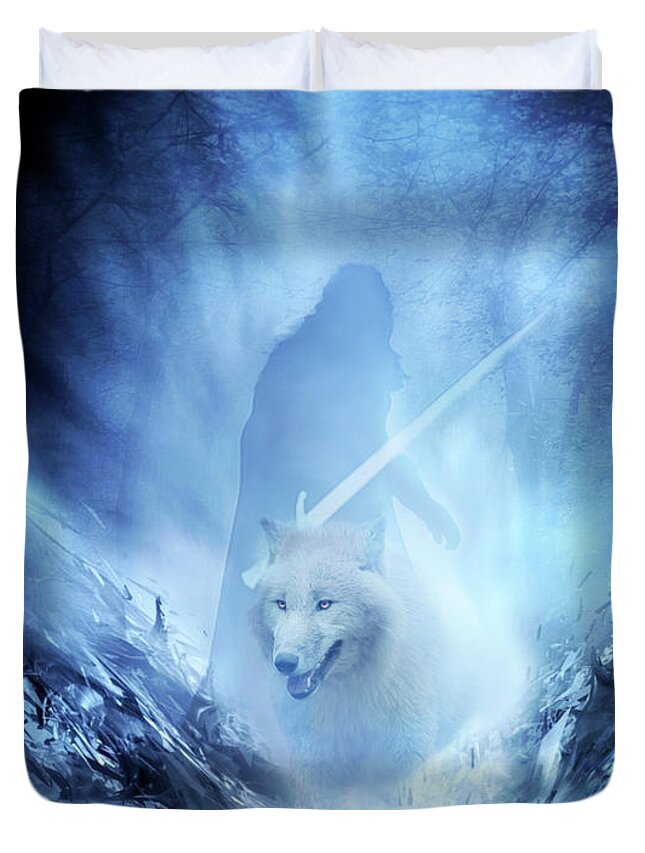 Jon Snow And Ghost Duvet Cover featuring the digital art Jon Snow and Ghost - Game of Thrones by Lilia D