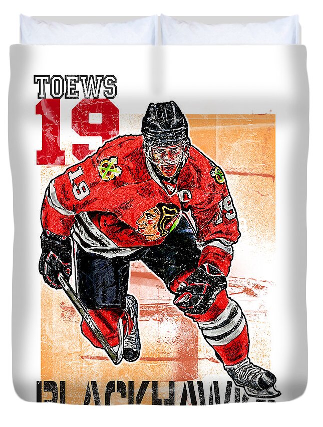 Ice Hockey Duvet Cover featuring the drawing Jonathan Toews by Maria Arango