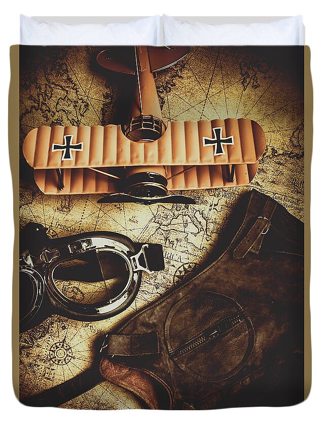 Pilot Duvet Cover featuring the photograph Journey of an antique pilot by Jorgo Photography