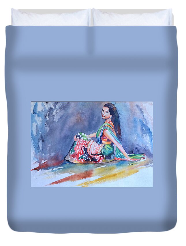 Joy; Woman In Saree Duvet Cover featuring the drawing Joy of Life by Parag Pendharkar