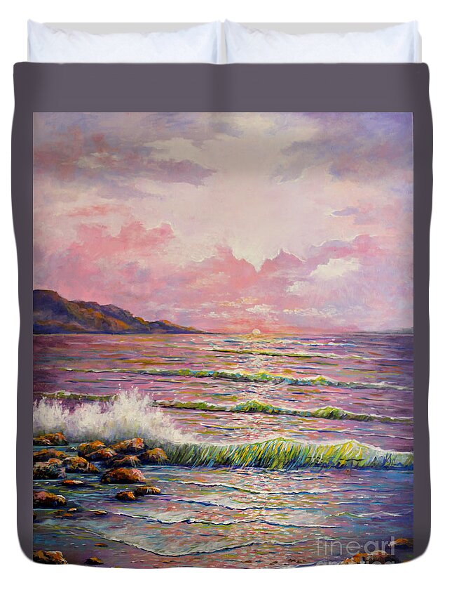 Ocean Sunset Duvet Cover featuring the painting Joyces Seascape by Lou Ann Bagnall