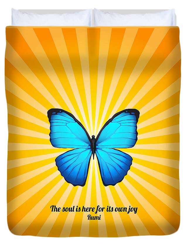 Rumi Duvet Cover featuring the digital art Joyful Butterfly with Quote by Rumi by Ginny Gaura