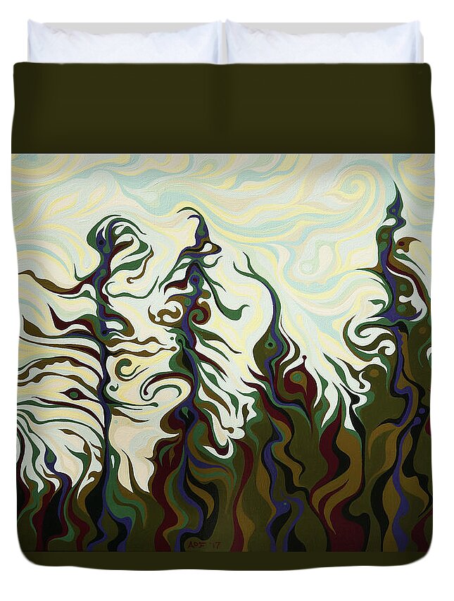 Tree Duvet Cover featuring the painting Joyful Pines, Whispering Lines by Amy Ferrari