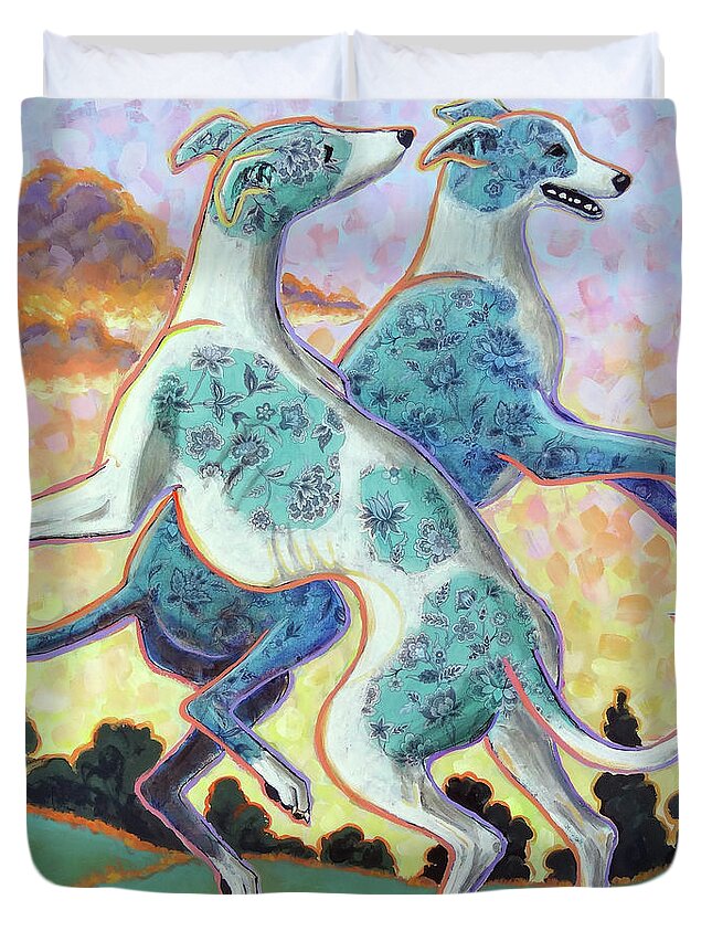 Greyhounds Duvet Cover featuring the painting JUmping for Joy by Ande Hall
