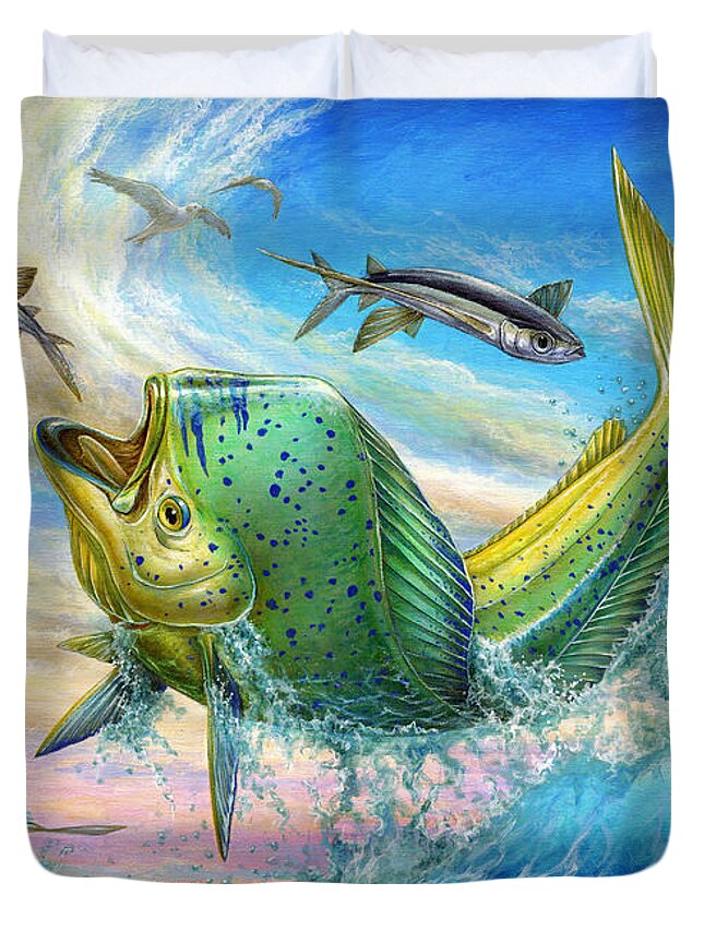 Flyingfish Duvet Cover featuring the painting Jumping Mahi Mahi And Flyingfish by Terry Fox