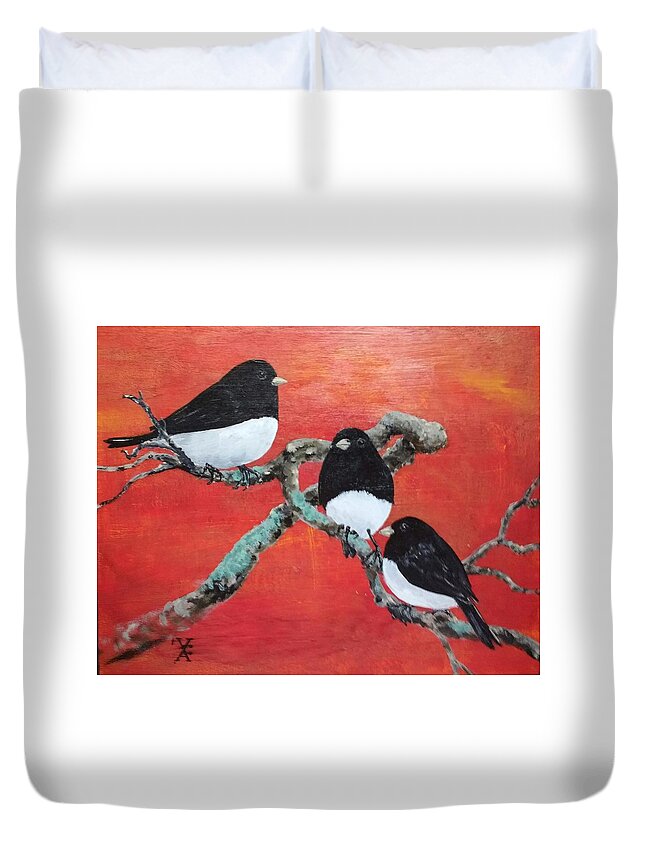 Birds Duvet Cover featuring the painting Juncos by Violet Jaffe