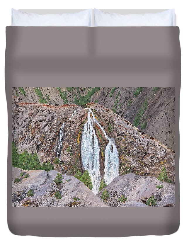 Waterfall Duvet Cover featuring the painting June Lake Loop Falls by L J Oakes
