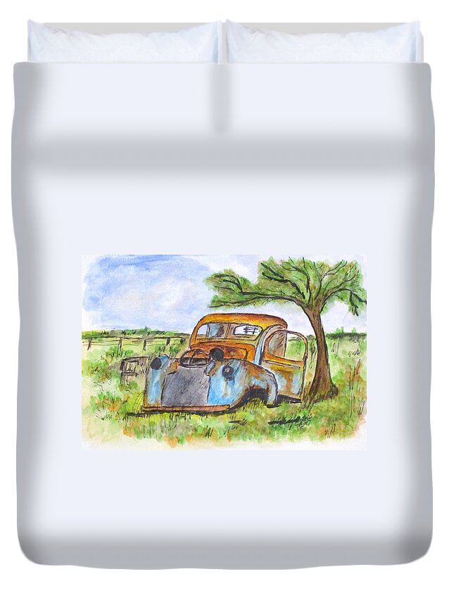 Junk Cars Duvet Cover featuring the painting Junk Car And Tree by Clyde J Kell